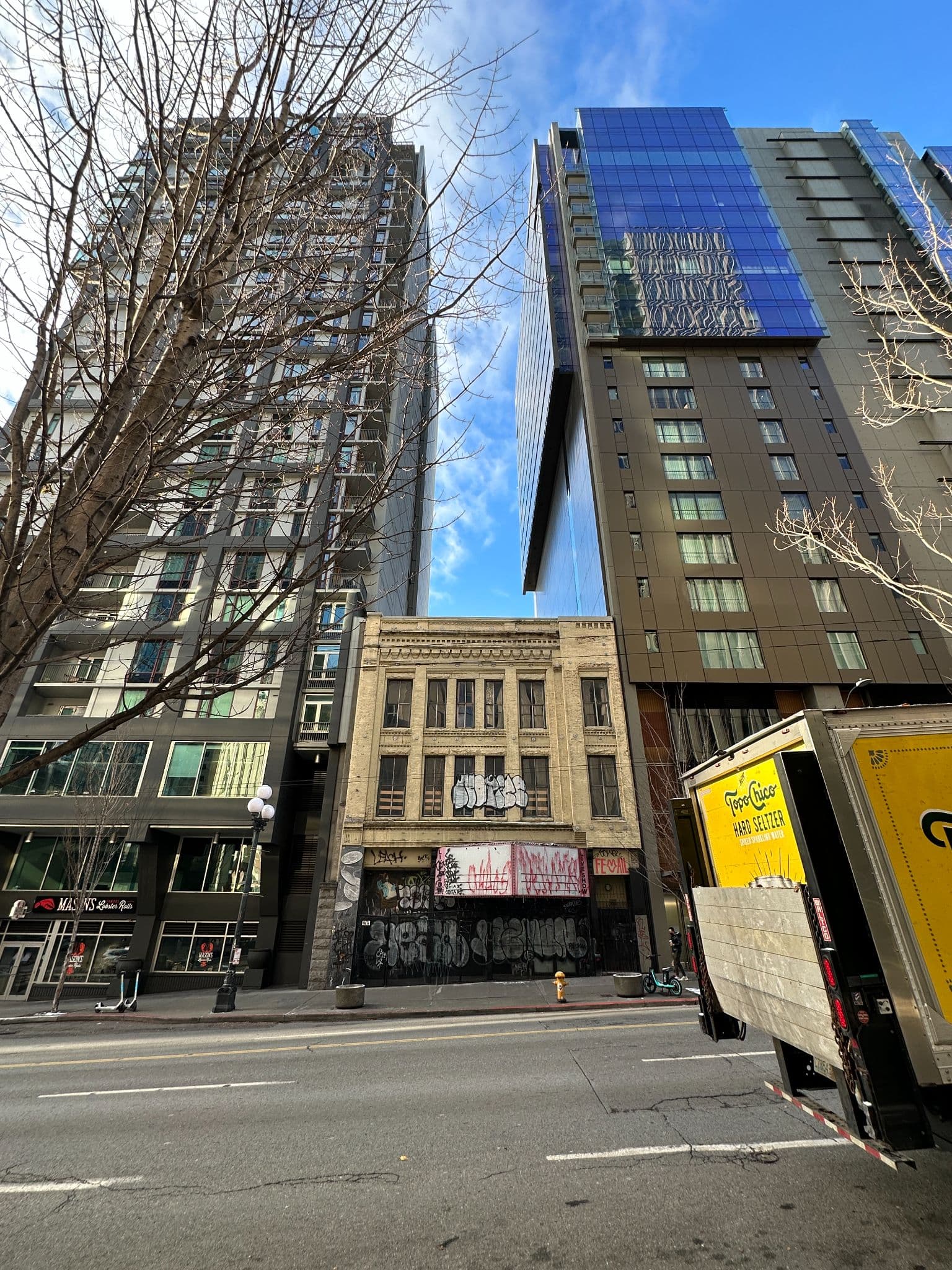 Street view of the 1890 Seven Seas Building on First Avenue in Seattle