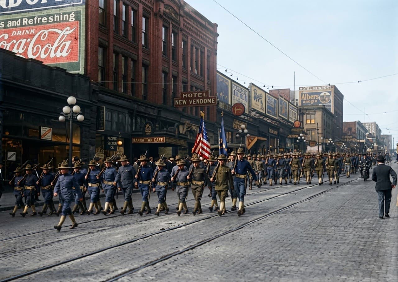 AI-colorized restoration of a World War I military column marching down 1st Avenue, Seattle, around 1917, soldiers in blue-grey wool past the Hotel New Vendome sign and a painted Coca-Cola wall
