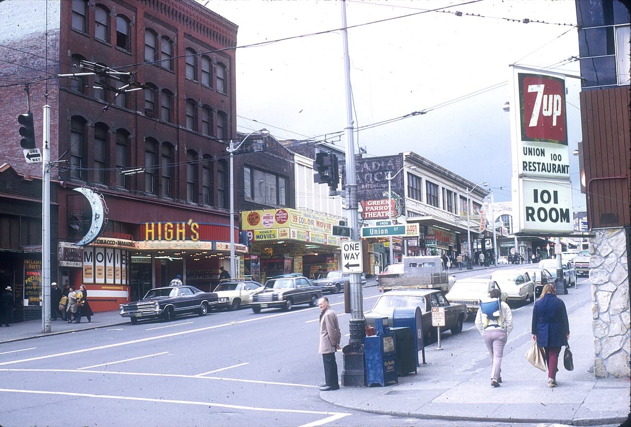 First Avenue looking north from Union Street in 1972, with adult movie houses and the Green Parrot Theatre